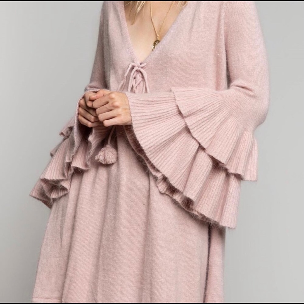 Rose Pink Tiered Bell Sleeve Tunic Sweater - Picture 11 of 11